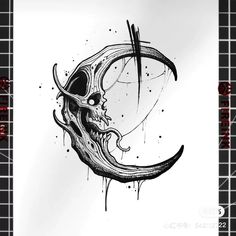 a black and white drawing of a crescent with a skull on it's side