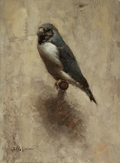 a painting of a bird sitting on top of a piece of wood