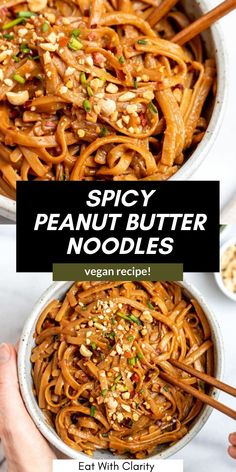 a bowl filled with peanut butter noodles and topped with peanuts