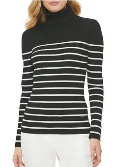 DKNY Women’s Knit-Ribbed Striped Turtleneck Sweater Black/Ivory Size XS. Chic White Ribbed Turtleneck, Chic White Knit Turtleneck, White Ribbed Turtleneck For Layering, White Ribbed Knit Turtleneck, White Knit Turtleneck For Layering, White Knit Turtleneck Top, Striped Turtleneck Sweater, Rib Knit Sweater, Striped Turtleneck