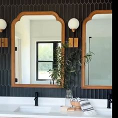 a bathroom sink with two mirrors and a plant