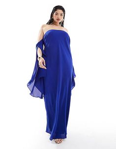 ASOS DESIGN Curve exclusive bardot maxi dress with exaggerated split sleeve in cobalt blue | ASOS Style Bleu, Formal Dresses Graduation, Cocktail Dress Formal, Split Sleeve, Winter Party Dress, Asos Curve, Long Sleeve Floral Dress, Satin Slip Dress, Active Wear Leggings