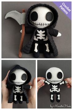 crocheted jack skellingy doll is shown in three different pictures, including the skeleton