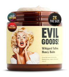 Evil Goods Whipped Beef Tallow and Honey Balm, 4oz, Unscented, Grass Fed Grass Finished Organic Face Cream, Body Lotion, and Lip Balm Honey Balm, Organic Face Cream, Beef Tallow, Honey Face, Manuka Honey, Moisturizer For Dry Skin, Skin Cream, Vitamin D, Face Moisturizer