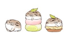 three different types of food are shown in this drawing, one has an apple and the other is a hamster