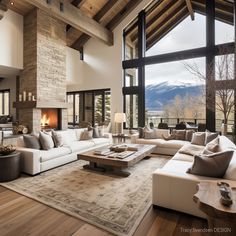 a living room filled with lots of furniture and a fire place in the middle of it