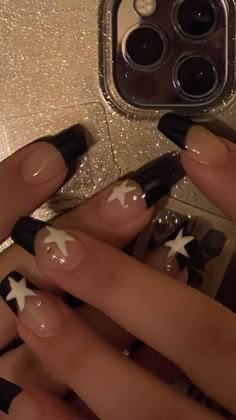 Aesthetic Emo Nails, Coffin Acrylic Nails Stars, Star Nails Inspo Y2k, Minimalistic Black Nails, Hello Kitty Nail Inspo Simple, T2k Nails, Nail Ideas Y2k Medium, Found Heaven Nails, Arctic Monkeys Nails Ideas