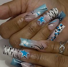 { @venusnailsxo on instagram } Blue Y2k Nails, Acrylic Nail Designs Coffin, Tiger Nails, Punk Nails, Edgy Nails, Blue Y2k, Glow Nails, Y2k Nails, Really Cute Nails