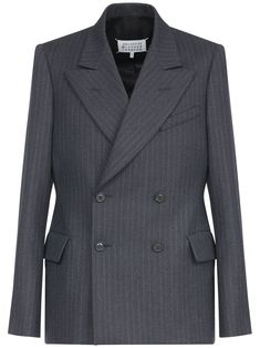 grey wool twill weave vertical stripe print wide peak lapels double-breasted button fastening chest welt pocket two front flap pockets long sleeves buttoned cuffs straight hem Versace Sneakers, City Shorts, Tuxedo Suit, Twill Weave, Summer Beach Wear, Short Suit, Wool Blazer, Light Jacket, Jacket Style