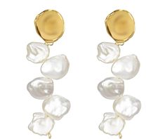 two pairs of gold and white pearl earrings with round discs on each earring, set against a white background