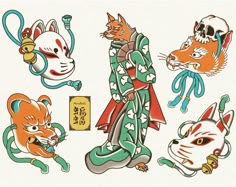 an image of japanese tattoos with cats and dogs on it's back side, including one cat wearing a kimono