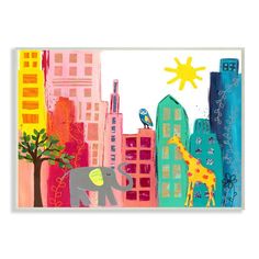 an elephant and giraffe are standing in front of a cityscape with buildings