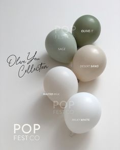 four balloons with different names on them sitting in front of a white background that says pop fest co