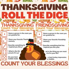 a thanksgiving poster with an image of a turkey in a pilgrim's hat and the words, thanks giving roll the dice