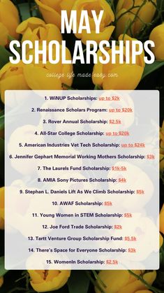 a poster with yellow tulips and the words may scholarships in white on it