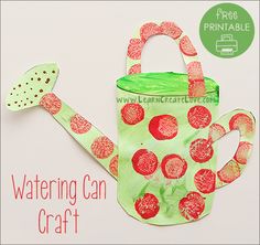 a green watering can craft with a red polka dot design on it and a plastic spoon