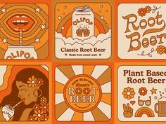 four different types of root beer labels on an orange and white background with the words root beer