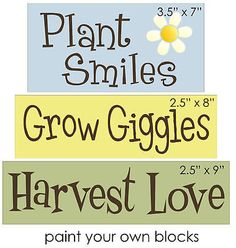 three different types of stickers with the words plant smiles, grow giggles and harvest love