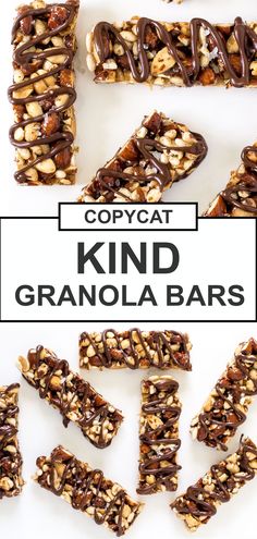 granola bars with chocolate drizzled on top and nuts in the middle