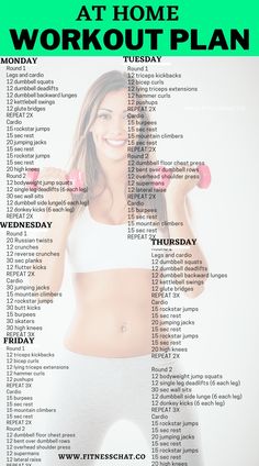 a workout plan with the words at home and an image of a woman's torso