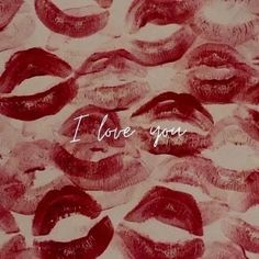 i love you written in red lipstick on a white background with lots of different types of lips