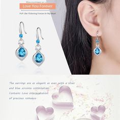 Exquisite Water Drop Design】The Earrings Feature A Combination Of Silver And Blue Zirconia Stones, As Elegant As Ever. Blue Rhinestones Are Subtly And Perfectly Set In The Center Of The Pendant. Contains Soft Love, Interpretation Of Precious Romance.【S925+Zircon】5A Swiss Zircon, Not Easy To Be Oxidized, Not Easy To Be Allergic, Elegant As Ever, Electroplating And Thickening Polishing Process, Durable And Not Fading. Elegant Spar Material, Pure And Soft Color, More Unique Temperament, Blooming Be Mother's Day Heart Earrings Cubic Zirconia, Mother's Day Cubic Zirconia Heart Earrings, Mother's Day Heart Earrings In Cubic Zirconia, Valentine's Day Crystal Earrings For Pierced Ears, Mother's Day Heart Drop Earrings, Heart-shaped Crystal Cubic Zirconia Earrings, Heart-shaped Crystal Earrings With Cubic Zirconia, Valentine's Day Cubic Zirconia Drop Earrings, Sterling Silver Heart Crystal Earrings