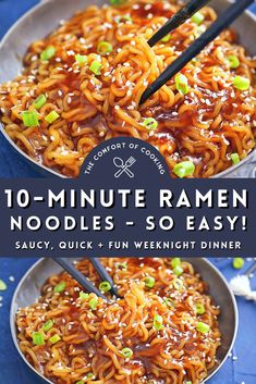 two bowls filled with noodles and topped with sesame seeds, scallions and green onions