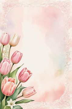 pink tulips with green leaves and white flowers in front of a pastel background