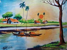 a painting of a small boat in the water with houses and palm trees around it