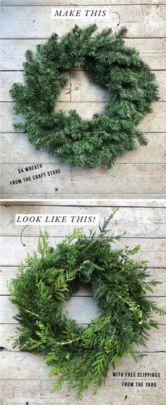 two pictures showing how to make a wreath with fake greenery on the outside and inside