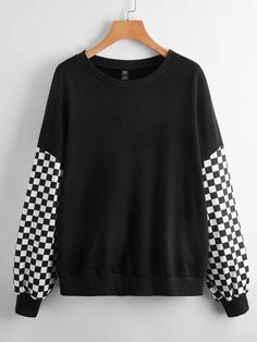 SHEIN Plus Drop Shoulder Checked Sleeve Pullover | SHEIN USA Everyday Fashion Outfits, Long Sleeve Plaid Shirt, Swaggy Outfits, Cosplay Outfits, Fashion Sketches, Black Casual, Alternative Fashion