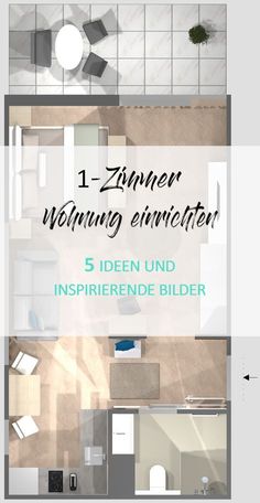 an overhead view of a living room and kitchen with text overlay that reads, 1 - zimmer werning enviettener 5 iden und inspiren