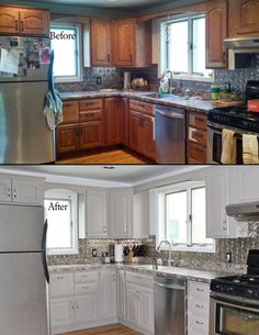 before and after pictures of a kitchen remodel with white cabinets, stainless steel appliances