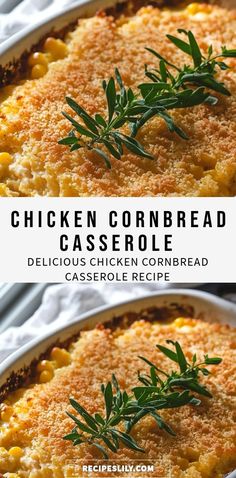 chicken cornbread casserole in a white dish with green garnish on top