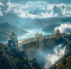 an aerial view of a castle in the middle of mountains with water and clouds surrounding it