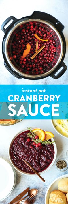 cranberry sauce in a pot with spoons and other food on the side