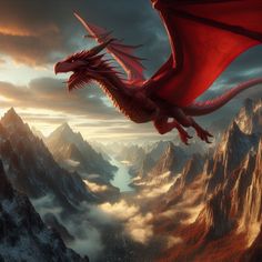 a red dragon flying over a mountain range