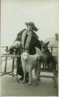 an old black and white photo of a woman with dogs