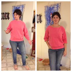 two pictures of a woman standing in front of a mirror wearing jeans and a pink sweater