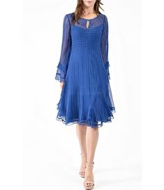 Komarov Pleated Chiffon Keyhole Neck Long Sleeve Fit and Flare Dress | Dillard's Elegant Flowy Pleated Chiffon Dress, Long Sleeve Pleated Chiffon Party Dress, Spring Chiffon Dress With Sheer Long Sleeves, Pleated Long Sleeve Chiffon Party Dress, Pleated Long-sleeve Chiffon Party Dress, Long Sleeve Chiffon Midi Dress With Ruched Detail, Flowy Long Sleeve Chiffon Dress For Formal Events, Formal Chiffon Dress With Sheer Long Sleeves, Spring Evening Long Sleeve Chiffon Dress