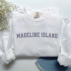 Madeline Island, Wisconsin Sweatshirt, Apostle Islands Lakes Shirt Comfort Colors® Trendy Top, Travel Gift, Unisex, Plus sizes too Get yours today! Collegiate Crew Top For Loungewear, Collegiate Crew Neck Top For Loungewear, Crew Neck Tops With Letter Embroidery For Loungewear, Casual White Top With Letter Embroidery, White Varsity Style Tops For Loungewear, White Varsity Top For Loungewear, Basic Crew Neck Top For College, Cotton Tops With Letter Embroidery For Loungewear, Collegiate Letter Print Top