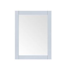 a white framed mirror on a wall with a light blue trim around the edges and bottom edge