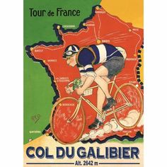 an old poster shows a man riding a bicycle in front of the map of france