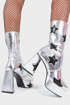 Seeking Stars Platform Ankle Boots in Silver faux leather. Features a Silver boot with Black stars all over. Calf length and on a Platform sole with a triangle heel. Ethical and 100% vegan. Knee High Platform Boots, Silver Platforms, Platform Boots Chunky, Jailhouse Rock, Silver Boots, Star Boots, Funky Shoes, Chunky Shoes, Red Boots