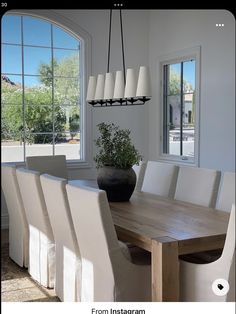 a dining room table with white chairs and a potted plant in the center surrounded by windows