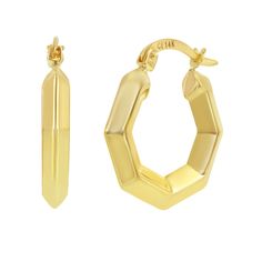 Enjoy a fresh take on a classic piece with these 14k gold geometric hoop earrings. Enjoy a fresh take on a classic piece with these 14k gold geometric hoop earrings.  Length: 0.9 in. Backings: click-it Nickel free Metal: 14k gold Finish: polished Please note, due to the high value of this item, a signature may be required upon delivery. Size: One Size. Color: Yellow. Gender: unisex. Age Group: adult. Modern Gold Geometric Hoop Earrings, Modern Geometric Gold Hoop Earrings, Modern Yellow Gold Octagon Earrings, Modern Octagon Yellow Gold Earrings, Modern Small Hoop Diamond Cut Earrings, Modern Octagon Hoop Earrings For Gift, Modern Octagon Hoop Earrings As Gift, Modern Octagon Hoop Earrings, Modern Gold Octagon Earrings