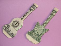 Origami Guitar, Oragami Money, Paper Guitar, Money Origami Tutorial, Folded Money, Origami Money, Guitar Crafts