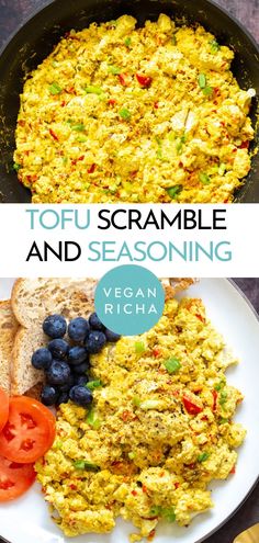 scrambled eggs and vegetables in a skillet with the words tofu scramble and seasoning