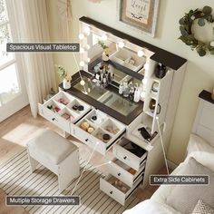 a vanity table with drawers and lights on it in front of a window that reads, fabulous visual tabletop extra storage drawers