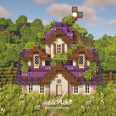 an image of a house in the middle of a field with flowers growing on it